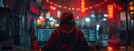 Hacker in a hood with a computer in the night city.の写真素材