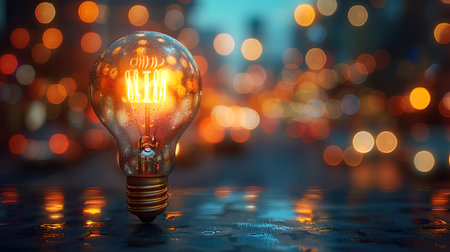 Conceptual image with glowing light bulb on bokeh backgroundの写真素材