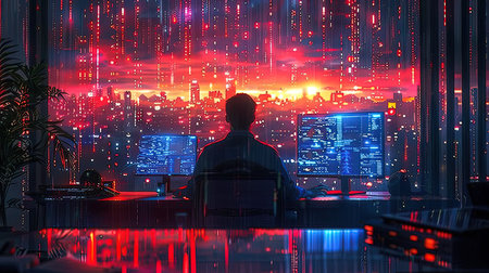 Businessman sitting at desk in office and looking at city at nightの写真素材