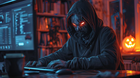 Hacker in a dark room with computer. Cybercrime concept.の写真素材