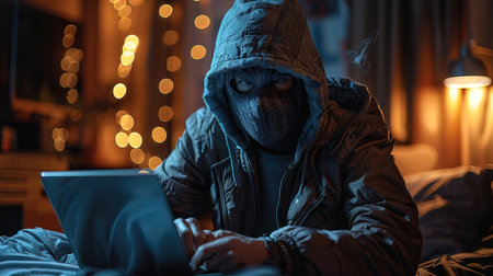 Hacker in mask using laptop while sitting on bed in dark roomの写真素材