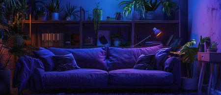 Living room interior design. Night view of the living room with a blue sofa, coffee table and plants. 3D rendering.の写真素材