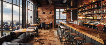 modern european bar interior design with brick wall, wooden floor and brown leather seatsの写真素材