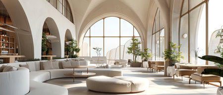 Interior of a modern cafe with white sofas 3d renderの写真素材