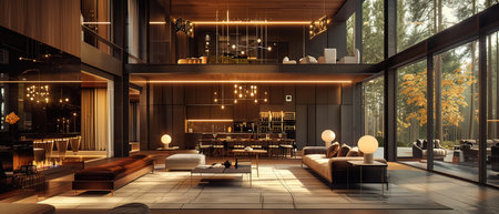 3d rendering of modern luxury restaurant with wooden walls and floor.の写真素材