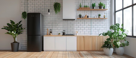 3d rendering of modern kitchen in Scandinavian style with white cupboardsの写真素材