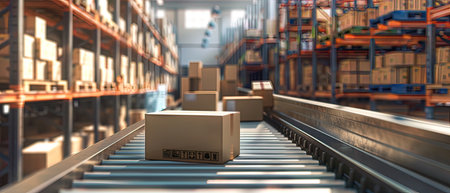 Box on conveyor belt in warehouse. Logistics related 3D renderingの写真素材
