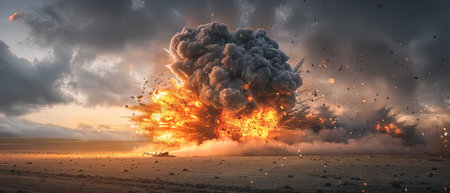 3d illustration of a huge explosion with smoke and flames at sunsetの写真素材