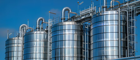 Industrial silos against the blue sky. Panoramic view.の写真素材
