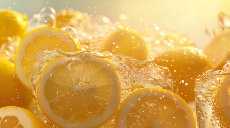 Lemon slices in glass with water splashes, close-upの写真素材