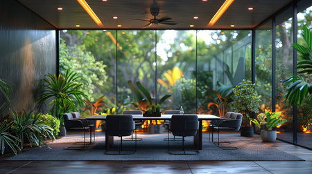 Interior of modern restaurant with green plants. 3d rendering.の写真素材