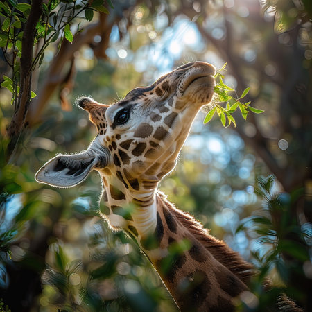 Close up of a giraffe eating leaves in the Okavango Delta, Botswana.の写真素材