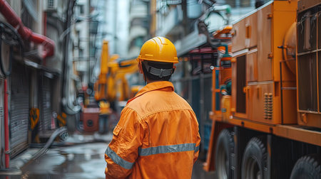 Worker in orange uniform and hard hat standing in front of truckの写真素材