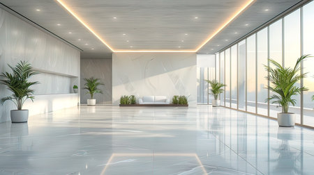 Interior of modern office with white walls, tiled floor and white reception desk. 3d renderingの写真素材