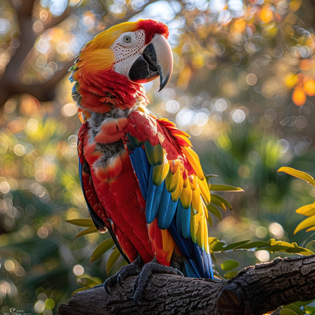 Colorful macaw parrot sitting on a branch in the parkの写真素材