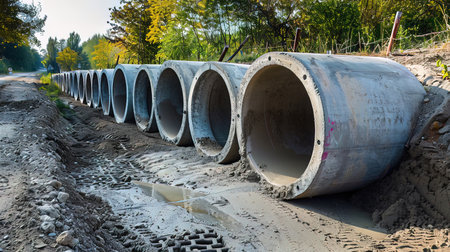 Concrete drainage pipes for the construction of a new residential area.の写真素材