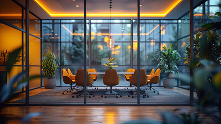 Interior of modern conference room with glass walls, wooden floor and rows of orange chairs. 3d renderingの写真素材
