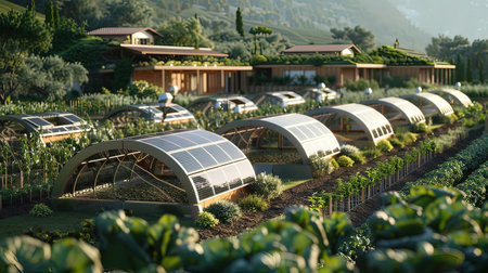 Rows of greenhouses in a row on a farm in Italyの写真素材