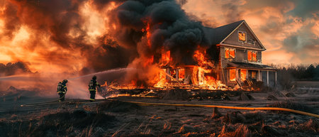 Firefighters extinguish a burning house in the countryside at sunset.の写真素材