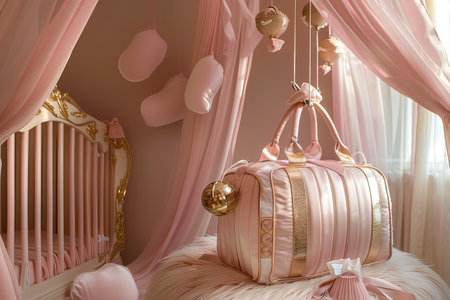 pink baby room with a crib and a pink blanket, 3d renderの写真素材