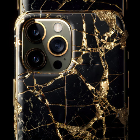 Smartphone with broken screen on a black background. 3d illustrationの写真素材