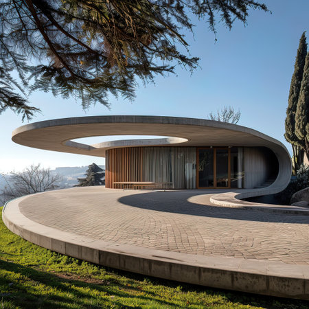 Exterior of a modern house with a round wooden floor. Nobody insideの写真素材