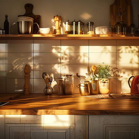 Kitchen interior with wooden countertop and kitchenware. 3d renderの写真素材