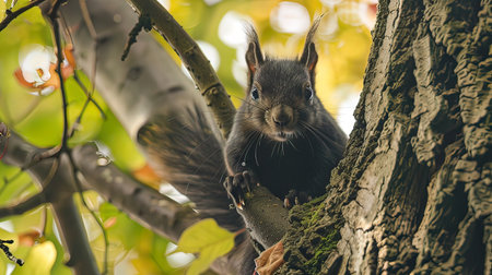 Squirrel in the autumn forest. Sciurus vulgaris. Wild animal.の写真素材