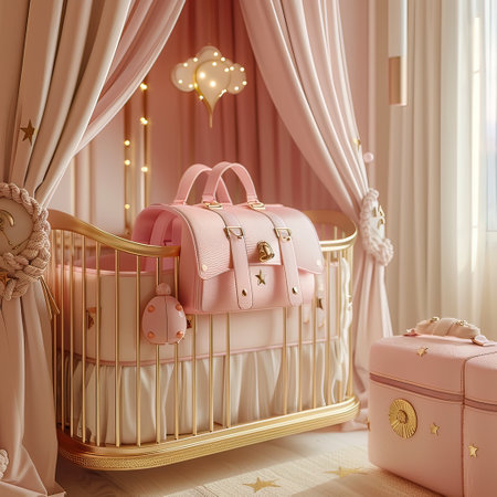 3d render of a baby room interior with a golden bed and pink clothes.の写真素材
