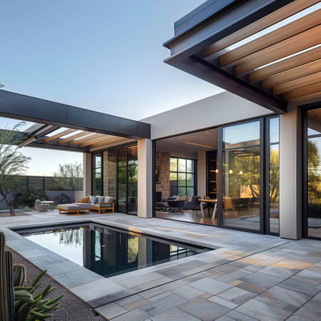 Interior of modern villa with swimming pool and terrace. Nobody insideの写真素材