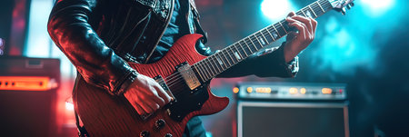 Guitarist playing electric guitar on stage, close-up view