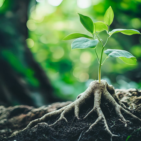 Young green plant with roots growing in the soil. Ecology concept.の写真素材