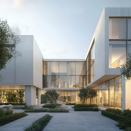 3D render of a modern office building with glass facade and gardenの写真素材