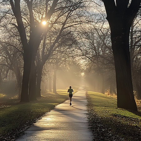 Runner athlete running in beautiful autumn park at sunrise. Woman fitness jogging workout wellness concept.の写真素材
