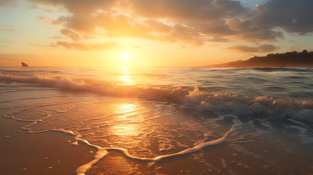 Beautiful sunset on the beach with waves of the Mediterranean Sea.の写真素材