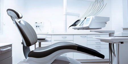 Modern dental office interior with black chair and equipment. 3d renderの写真素材