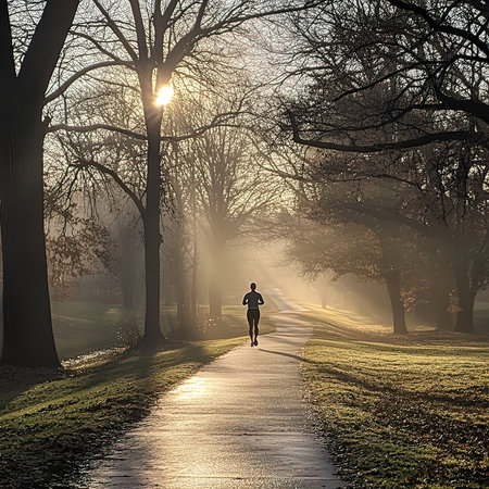 Young woman jogging in the park on a foggy morning.の写真素材