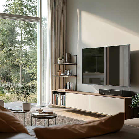 Interior of modern living room with white walls, concrete floor, comfortable sofa, coffee table and bookcase. 3d renderingの写真素材