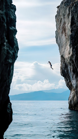 Silhouette of a man jumping from a cliff into the seaの写真素材