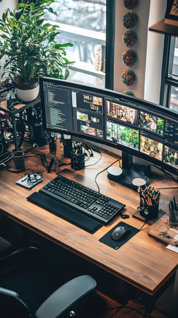 high angle view of graphic designer working with computer on desk in officeの写真素材