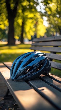 Bicycle helmet on a bench in the park. Selective focus.の写真素材