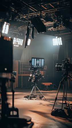 Modern professional movie camera on tripod and lighting equipment in dark studio.
