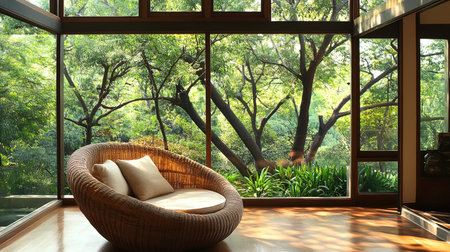 Luxury living room with wicker sofa and tropical garden viewの写真素材