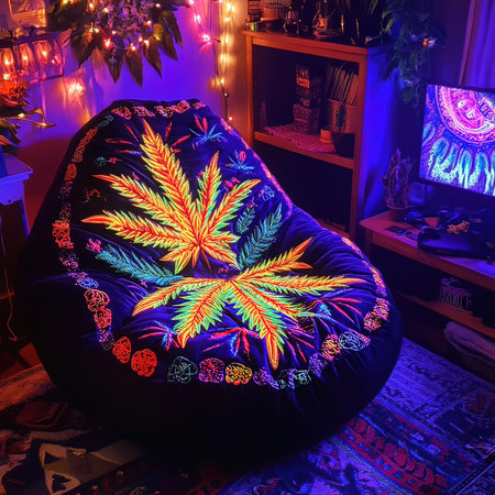 Colorful Christmas lights on a sofa in the living room at nightの写真素材