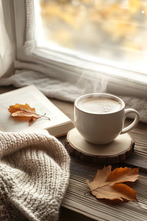 Cup of coffee, book and autumn leaves on wooden windowsillの写真素材