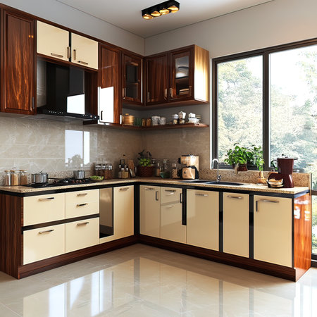 3d rendering brown modern kitchen in a house with a beautiful designの写真素材