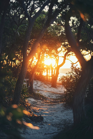 Sunset on the beach with pine trees and path in the foregroundの写真素材