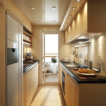 3d render of modern kitchen in a house with wood panelingの写真素材
