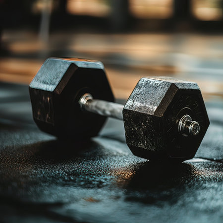 Dumbbells on the floor in the gym. Selective focus.の写真素材