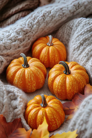 Autumn still life with pumpkins and knitted plaid.の写真素材